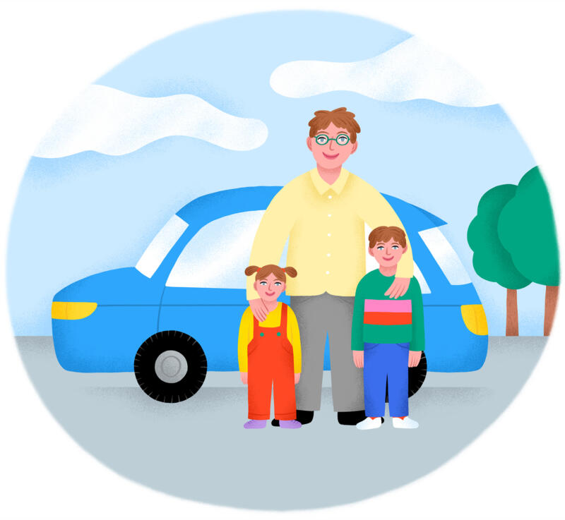 illustration of dad with kids and car
