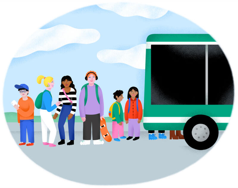 illustration of teenagers waiting to get on the bus