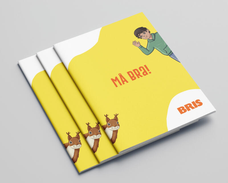 Omslag av informativ broschyr i Bris grafiska profil, seriekaraktärer, ekorre som ler, pojke som vinkar