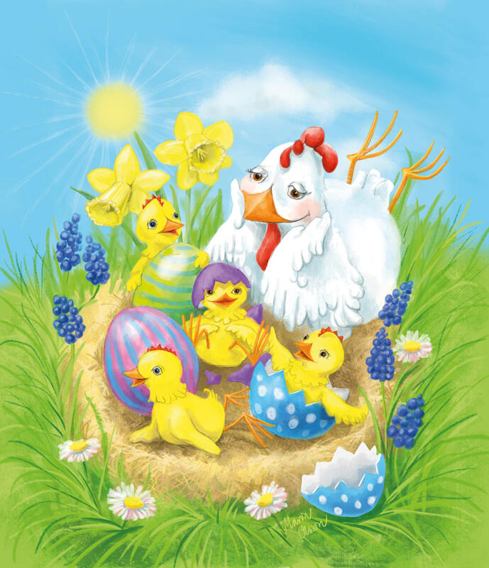 En färgglad illustration med en vit höna som ligger på mage och tittar på sina fyra nykläckta gula kycklingar.  Runtomkring finns gräs och gula, blå och vita blommor. Solen skiner.