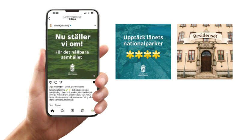 Bild på en hand som håller en mobiltelefon. På skärmen syns ett inlägg från Länsstyrelsens Instagramkonto och bredvid handen är två kvadratiska bilder på inlägg om länets nationalparker och residenset.