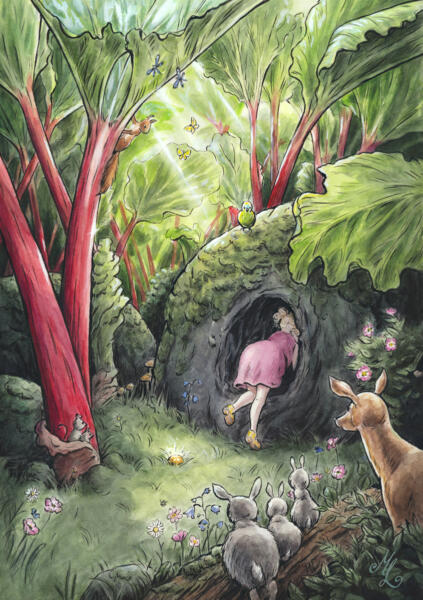 Illustration i akvarell och tusch av en magisk rabarberdunge. En flicka i rosa klänning kryper in i ett hål i en sten under stora rabarberplantor. Djur som rådjur och kaniner tittar fram. Illustration av Marta Leonhardt från barnboken "Regnbågsbron" skriven av Elin Sjöqvist. Fantasifulla, detaljerade och handmålade illustrationer för barnböcker, bilderböcker, sagoböcker, 6-9 år, 3-6 år med tema fantasy, äventyr, magi, magisk realism, systerskap, syskon och fantasi. Bild för barnbok, bilderbok eller sagobok av en barnboksillustratör från Malmö.