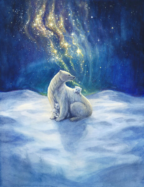 Illustration till julgranskula, som säljs av Pandaförsäljningen till förmån för WWF. Akvarell av en familj isbjörnar i snön med magiskt skimmer av stjärnor på natthimlen. Jul, julmagi, vinter, landskap, natur, fantasy.