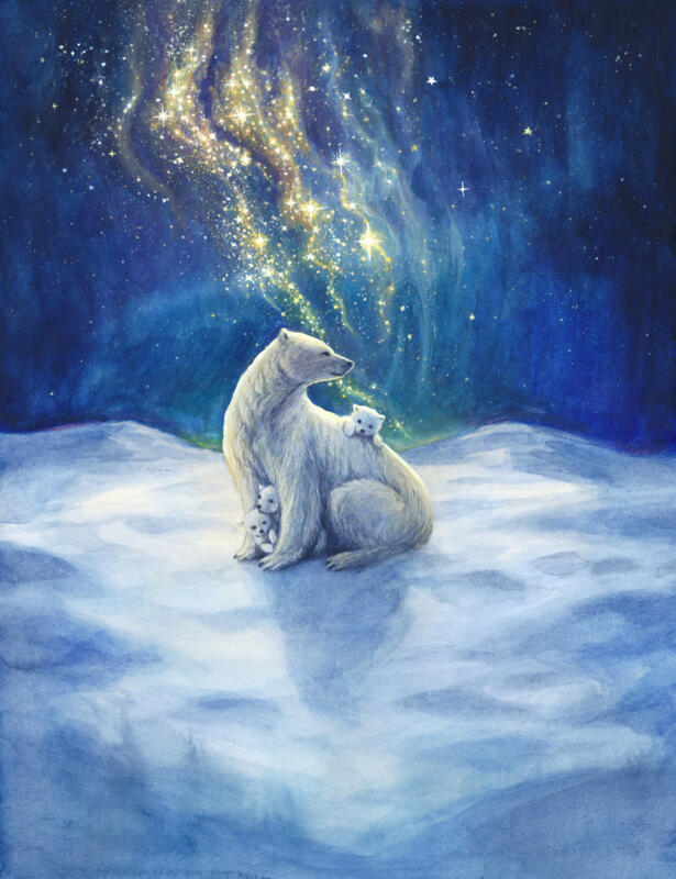 Illustration till julgranskula, som säljs av Pandaförsäljningen till förmån för WWF. Akvarell av en familj isbjörnar i snön med magiskt skimmer av stjärnor på natthimlen. Jul, julmagi, vinter, landskap, natur, fantasy, djur.
