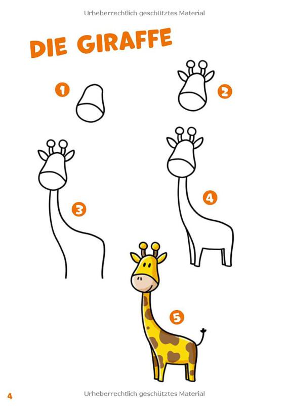 Barnbok, färgläggning steg för steg, djur,
giraff