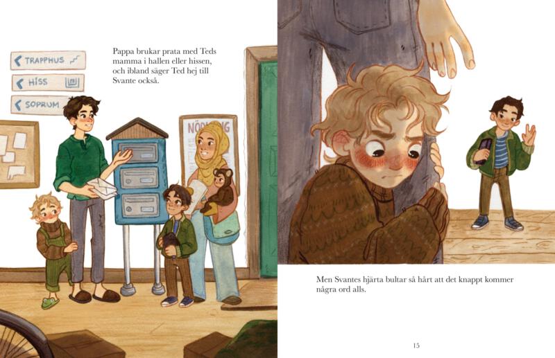 Uppslag från barnboken Ted på trean, Svante och pappa stöter på Teds familj. Svante är väldigt blyg.