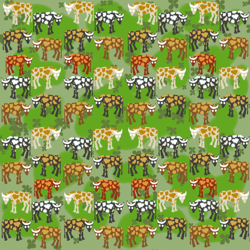 Stiliserade fläckiga kor på ett grönt fält