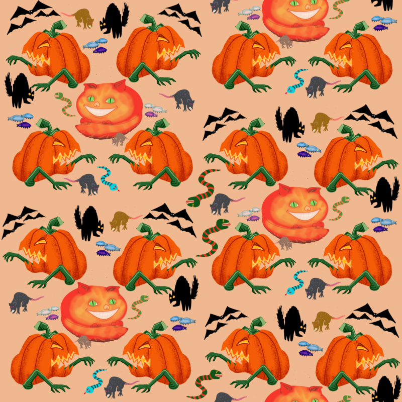 Halloween theme, pumpkins, cats, rats and bats on pink