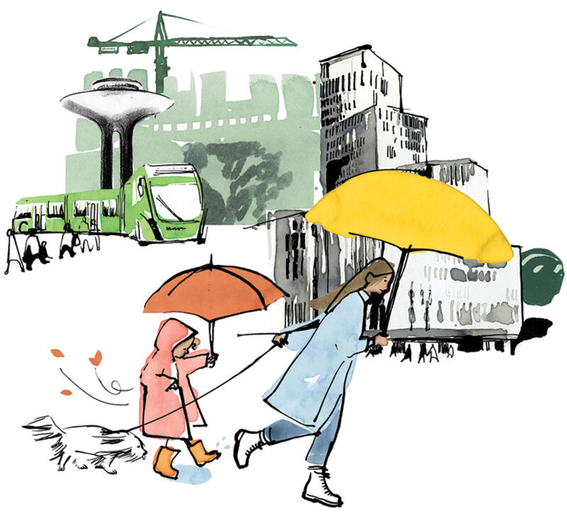 Illustration i blandteknik av kvinna, barn och hund promenerandes  i stadsmiljö.