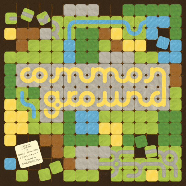 cover of the board game Common Gound. The different tiles depict different outdoor landscapes and you can read Common Ground when the tiles are together.