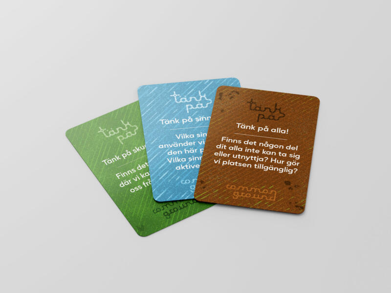 a set of 3 "Tänk på" cards as examples for the Common Ground game