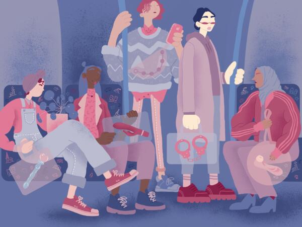 Digital illustration på temat skammen kring kvinnligt onani. Bilden föreställer en tunnelbanevagn med 5 tjejer, varje tjej har en väska som är genomskinlig och i varje väska syns en sexleksak. Färgskalan är mörkblå, ljusblå, mörkrosa och ljusrosa. 
