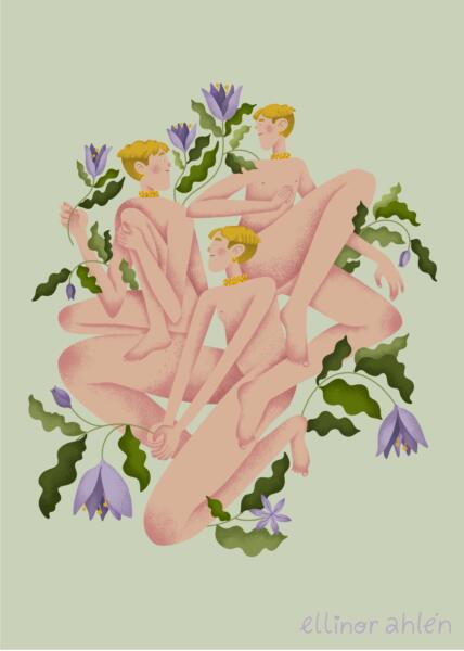 Milt avslöjande illustration av tre nakna män föreställande samma man i olika vinklar omgivna av lila blommor. Bakgrunden är mintgrön och blommorna samt mannens hud är en mild pastell-ton. 