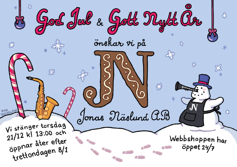Julkort med en illustration föreställande musikinstrument, saxofon, klarinett, snö, snögubbe och julkulor.