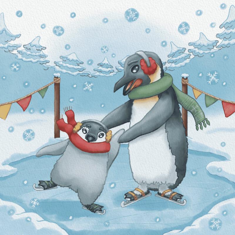Söt digital barnboks illustration av två pingviner som åker skridskor i snön. Illustrationen är i akvarell och färgpennor stil för att skapa lekfullhet. 