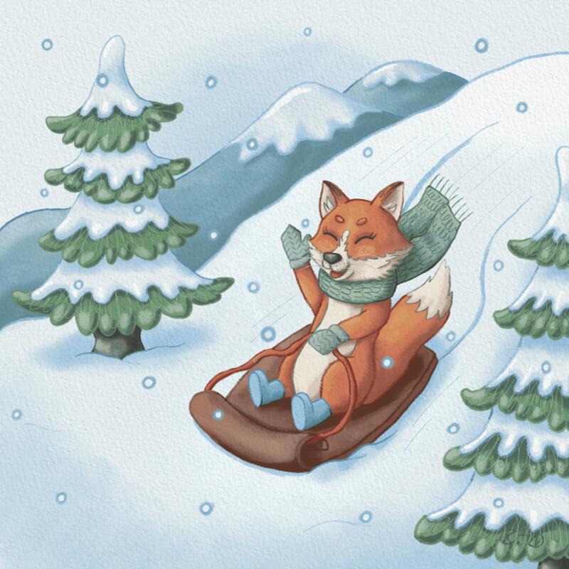 Söt digital barnboks illustration av en räv som åker pulka i snön under vintern. Illustrationen är i akvarell och färgpennor stil för att skapa lekfullhet. 