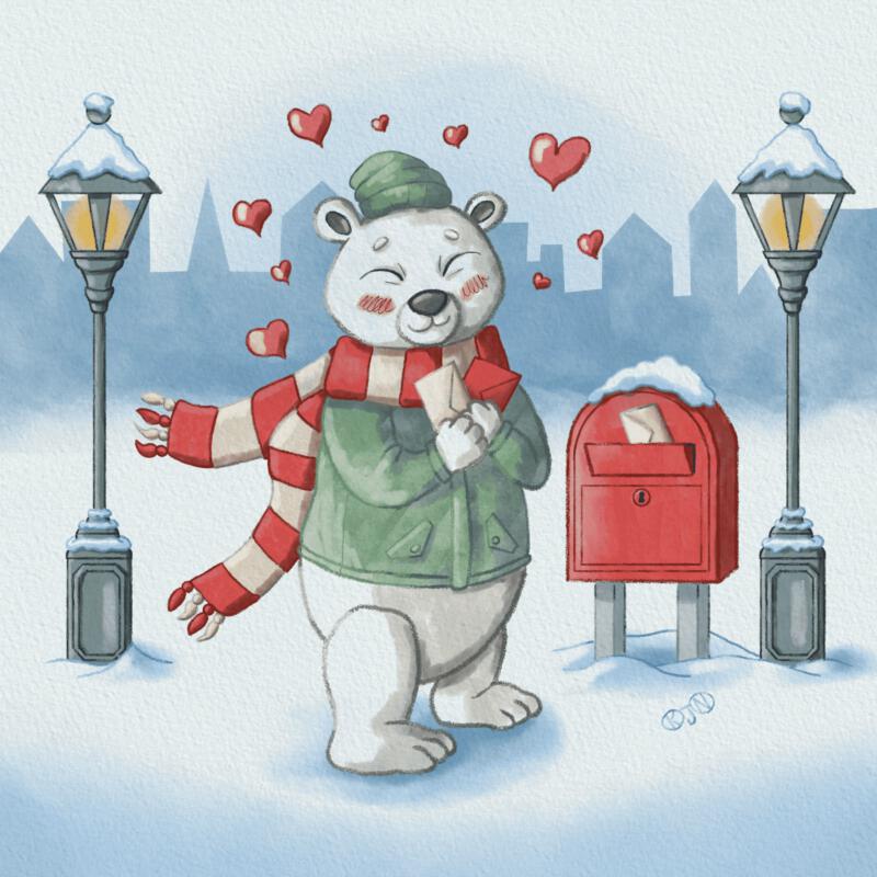 Söt digital barnboks illustration av en isbjörn som ska posta sina julkort. Illustrationen är i akvarell och färgpennor stil för att skapa lekfullhet. 