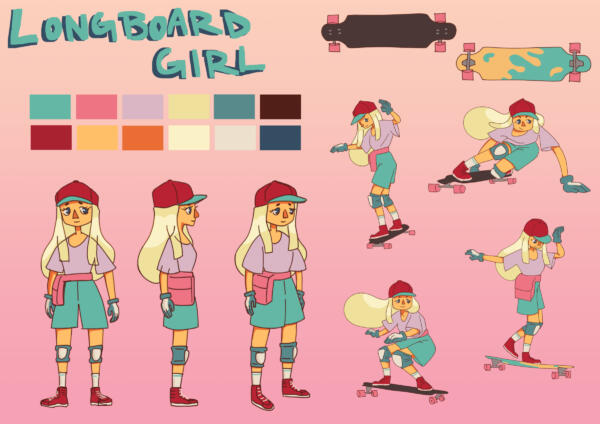 character sheet concept art girl with longboard