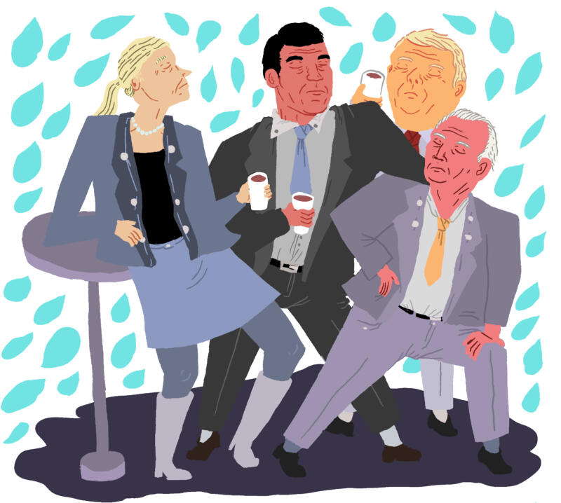 Digital karikatyrteckning av fyra affärsmän, tre män och en kvinna, som står mycket tuppigt och kokett och spänner på sig. De håller i kaffekoppar, och en står och stretchar.