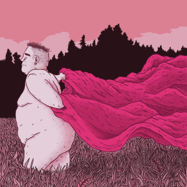 En naken, ickebinärt kodad person stående på ett fält med ett rosa tyg bakom sig.