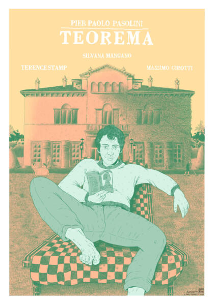 A drawn movie poster of Pier Paolo Pasolini's "Teorema", The picture is in peach and green, with yellow tones. In the foreground, terrence stamp's character is sittin in a lounge chair with a checkered pattern, looking seductively into the camera, spreading his legs. He is barefoot and reading a rimbaud paperback. In the background is a large italian mansion partly overgrown with vines. Various members of the household are spread around the mansion, performing mundane tasks, looking lost and confused.
