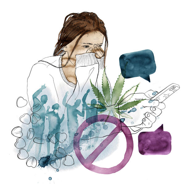 Illustration av ungdomar och droger till Borås Stad. Illustrationen föreställer en tjej med psykisk ohälsa, cannabis, partydroger, fest. Färgerna är lila, blå och grön.