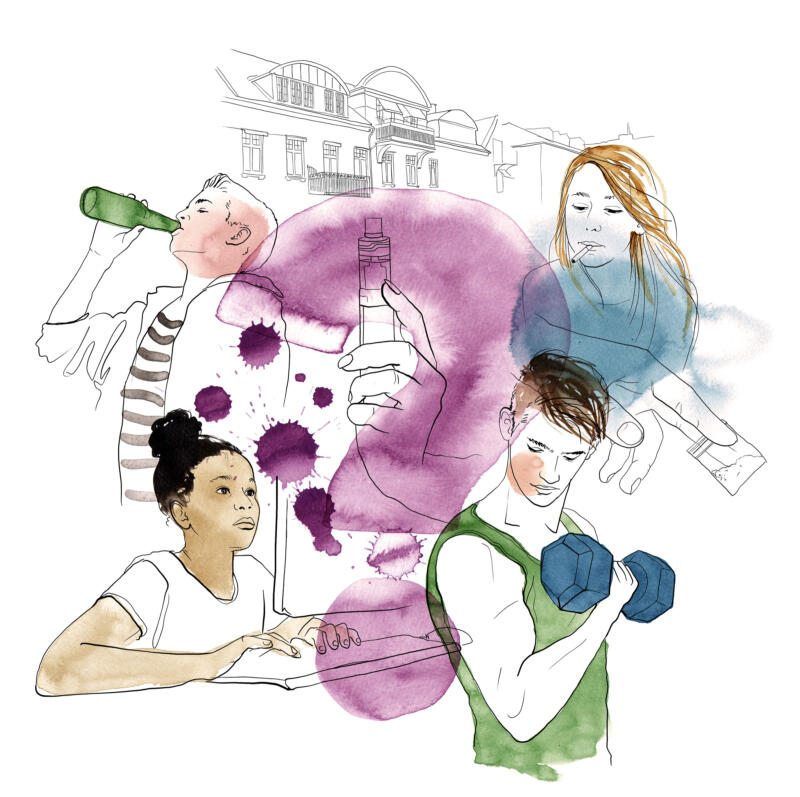Illustration till Borås Stad. Illustrationen föreställer ungdomar som använder droger, tobak, doping eller är spelberoende. En ung kille dricker öl, tjej framför dator, tjej röker, kille tränar.  Färgerna är lila, blå och grön.