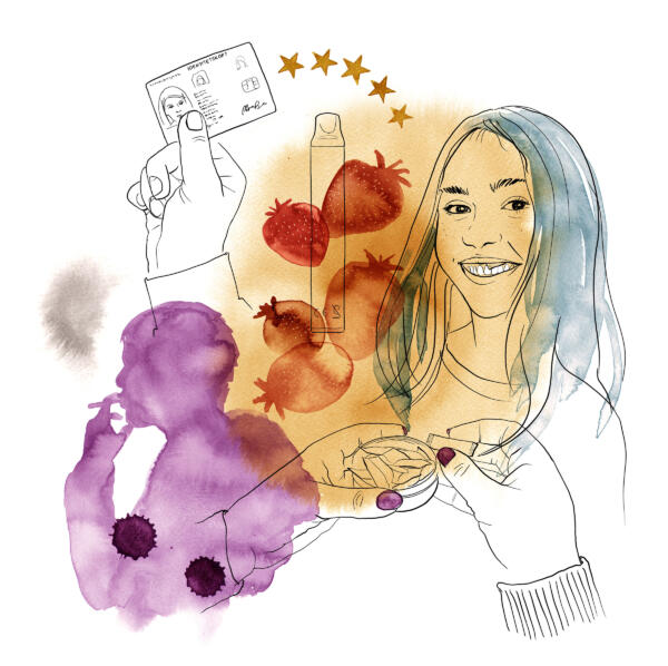 Illustration av ungdomar och tobak till Borås Stad. Illustrationen föreställer en tonåring, tjej som snusar, kille som röker, vape. Färgerna är lila, blå och grön.