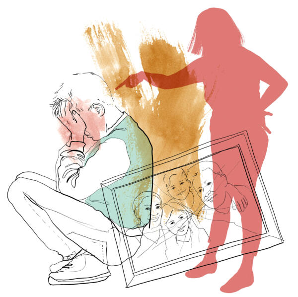 Illustration av förälder som skriker åt sitt barn. Illustrationen är ett collage med teckning, akvarell och vektor i färgerna rosa, mintgrönt och orange. Illustrationen är gjord till Stockholms ungdomsmottagning.