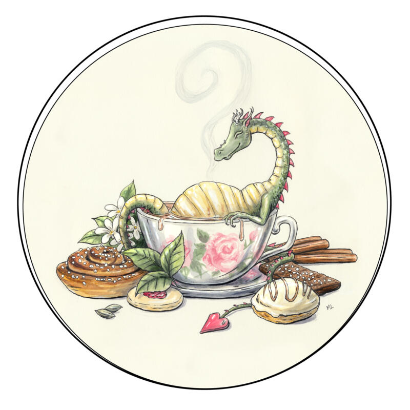 En liten drake badar i en tekopp, med kakor och bullar runtomkring. Illustration i akvarell av Marta Leonhardt.