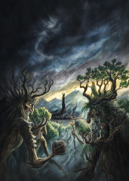 Bokomslag för ”De två tornen” av JRR Tolkien, i översättning på Jiddisch. Olniansky Tekst, 2023. Illustration i akvarell, fantasy.