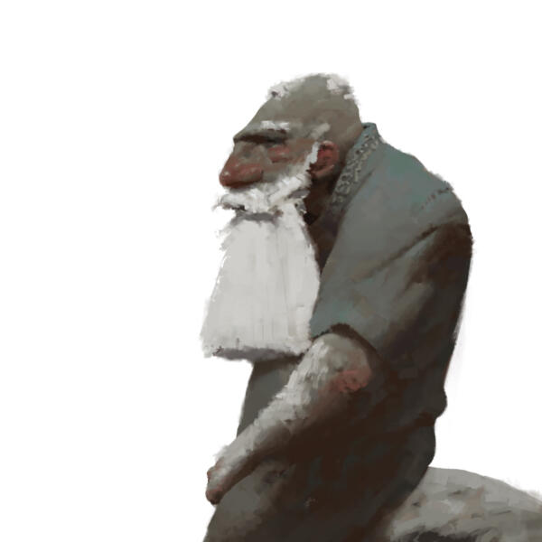 Fantasy illustration of a bearded dwarf, sitting on a rock