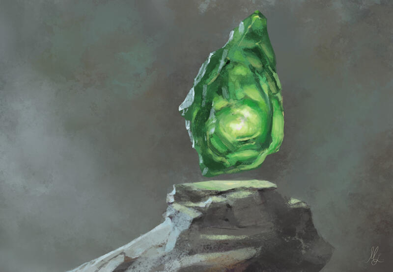 Illustration of a magical glowing emerald stone, painted for the fantasy card game Clash of fate