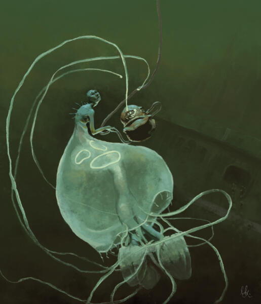 Illustration of a mermaid with jellyfish skirt, finding an old diver helmet.
