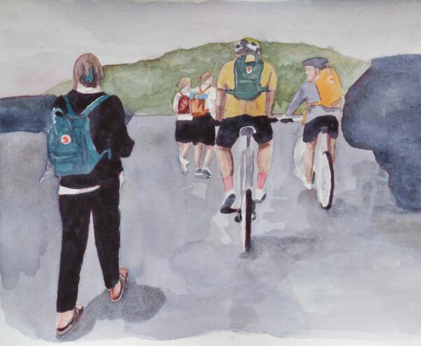 Akvarell av personer som cyklar och går med Fjällräven Kånken ryggsäckar
