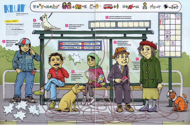buss, station, busshållsplats, koppel, hund, katt, papegoja, tandvärk, tennisrack, farbror, tant, keps, glas, rebus