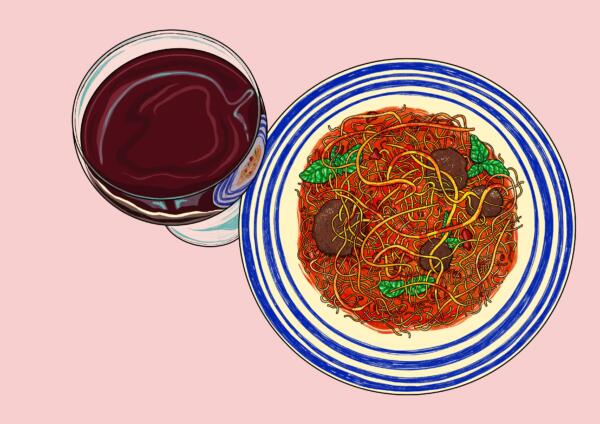 Spagetti och vin illustration Sandra Alkevik 