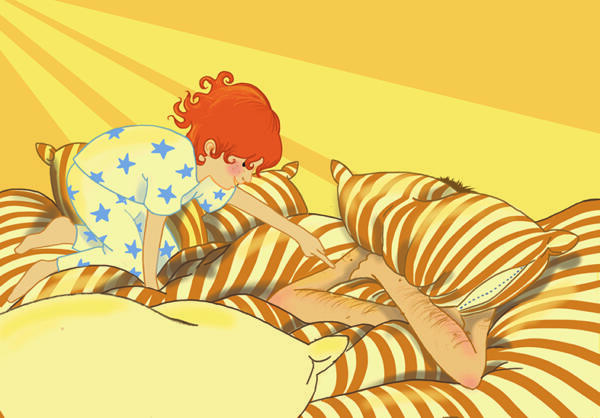 illustration till barnbok. Ett barn i en säng på morgonen, en trött pappa. morgonsol