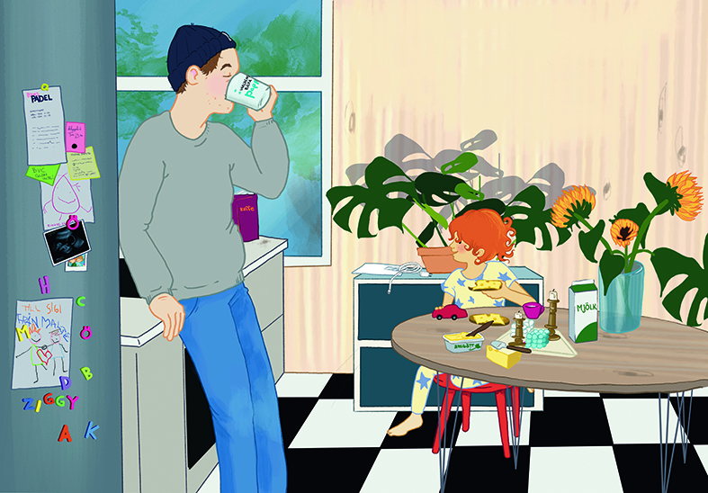 illustration till barnbok. Morgonbestyr. Pappa dricker kaffe. Pojken / barnet äter frukost