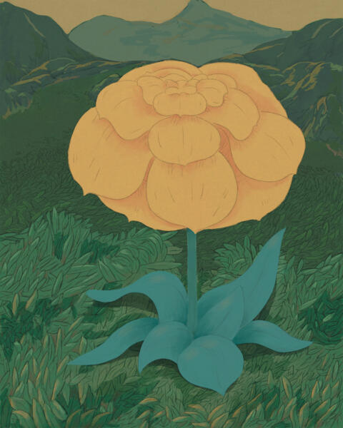 Detailed illustration of yellow flower in lush green landscape. 