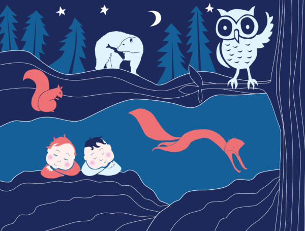Barn som sover i en skog medan djur springer omkring