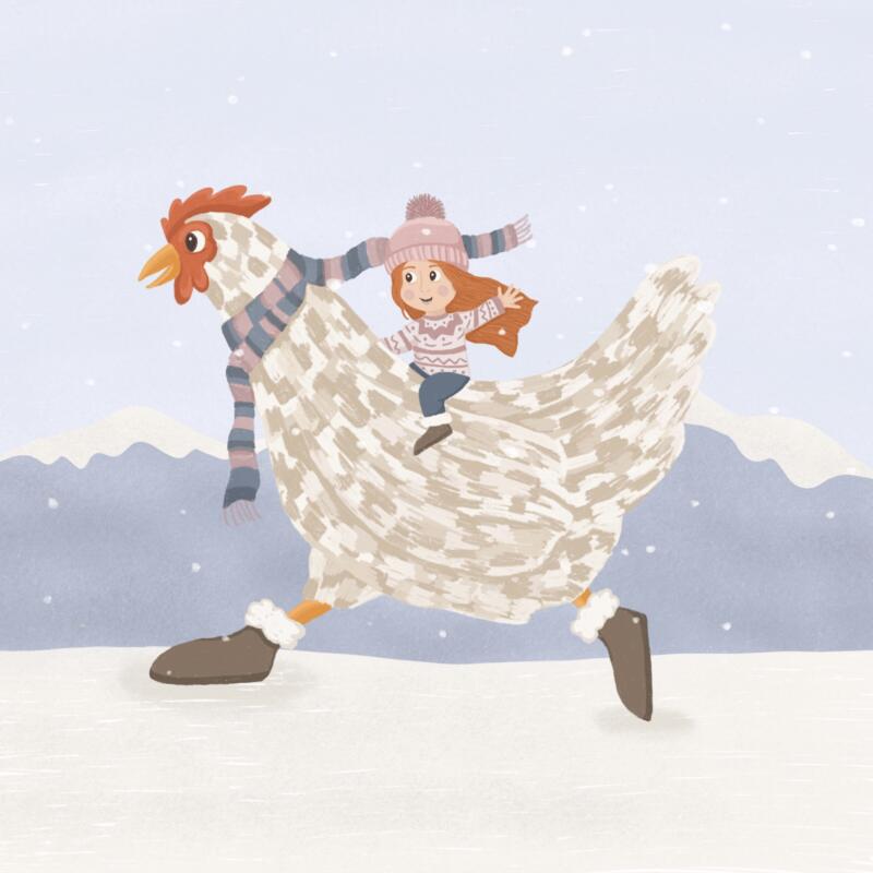 Digital illustration av en flicka och en höna som fartfyllt springer förbi i snön