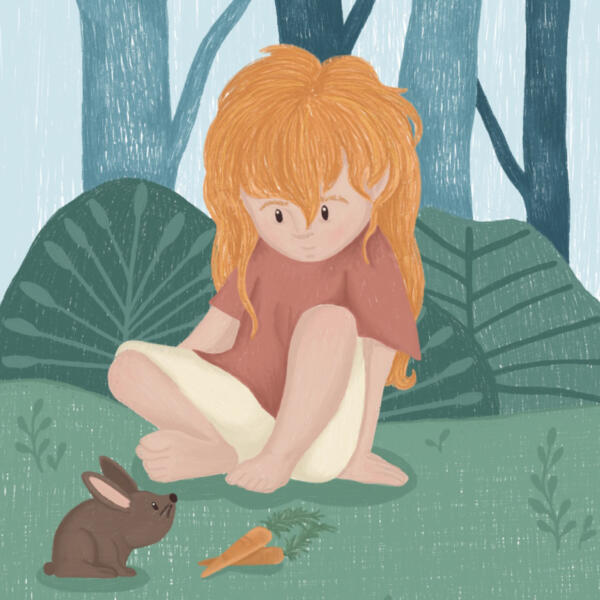 Digital illustration av ensam flicka i skogen som träffar på en ny vän