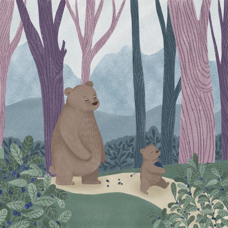 Digital illustration av stora och lilla björn som vandrar igenom skogen