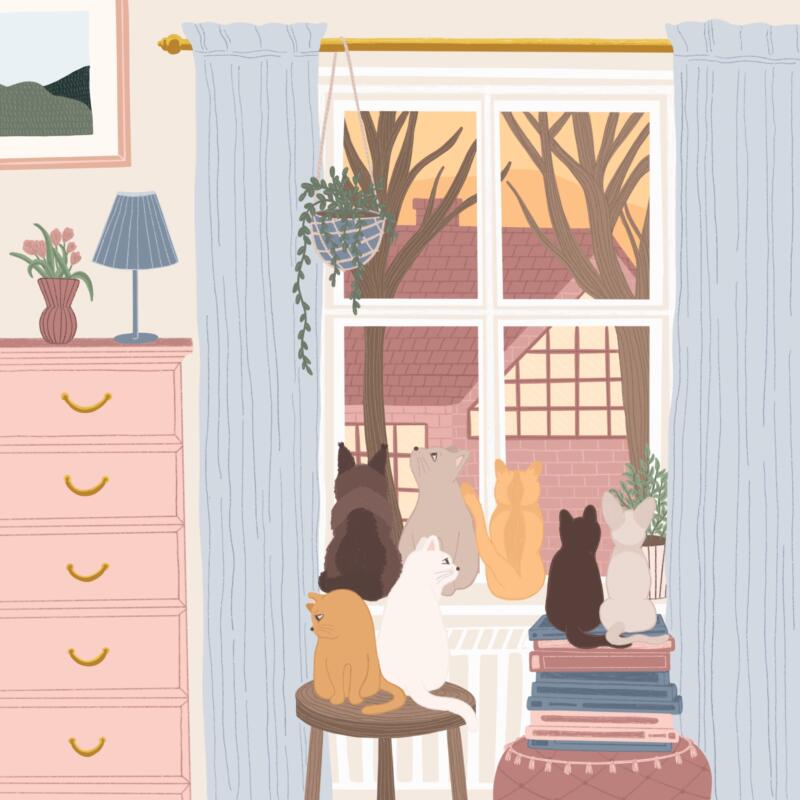 Digital illustration av katter i ett fönster