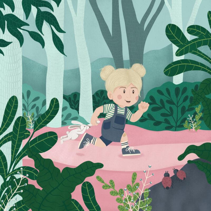 Digital illustration av flicka som springer genom skogen