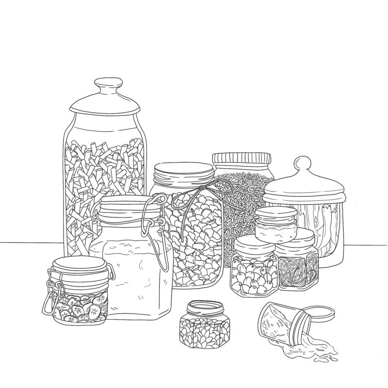 Enklare linjeillustration av burkar med olika ingredienser 