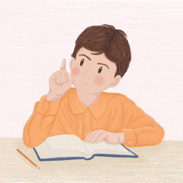 Digital illustration av pojke sittandes vid skolbänk