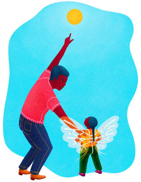 Illustrated image. A father points at the sun and look at a girl that stands beside him. The girl has homemade wings on her back.