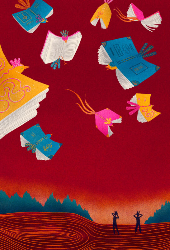Illustrerad bild med fåglar i formen av böcker som flyger på en röd himmel. På marken ser vi siluetterna av två fågelskådare med kikare.